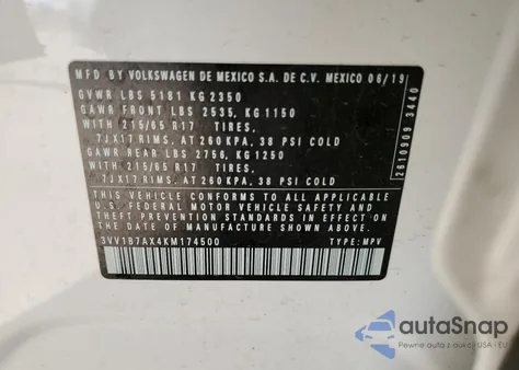 2019 Volkswagen Tiguan S из США, поврежденный, VIN 3VV1B7AX4KM174500